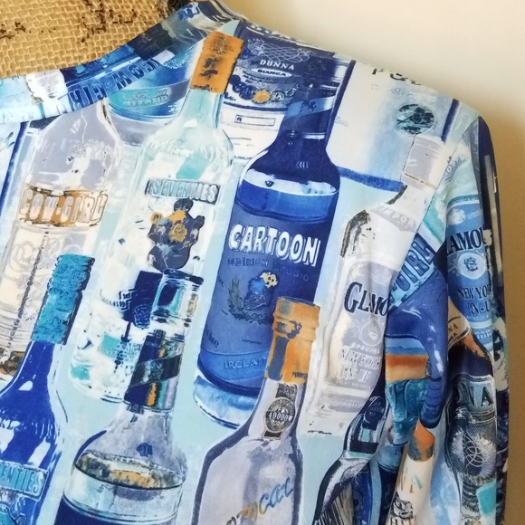 Boutique Tops - Wine, alcohol bottles in blue, l/s•sz.med/lg.